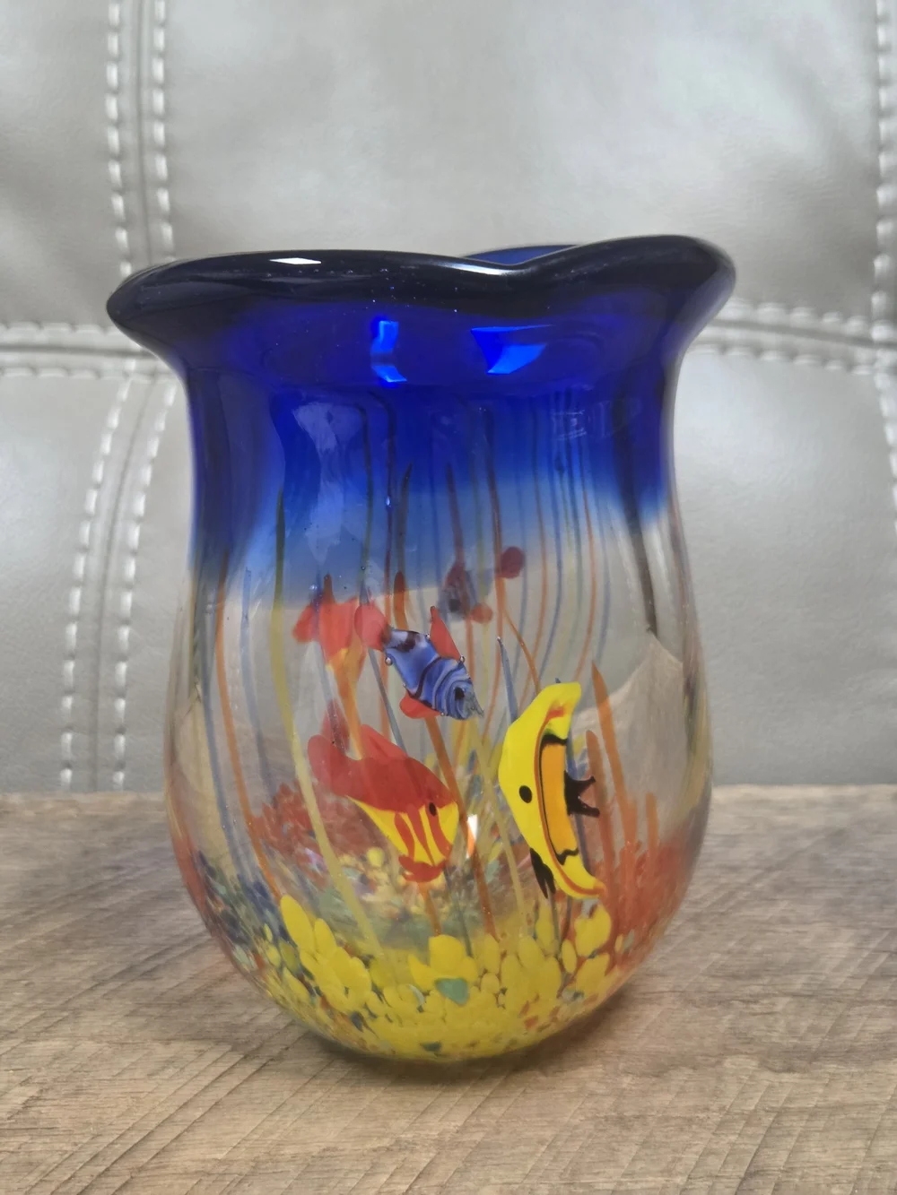 Vintage Murano Style Art Glass Blown Tropical Fish Aquarium Vase ~ B1N
